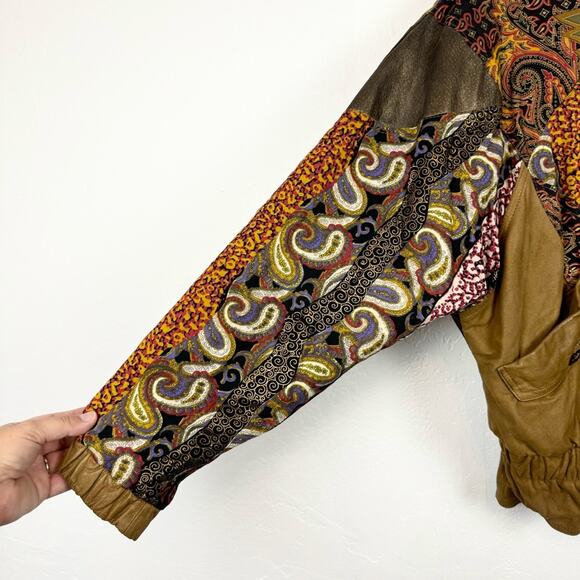 Vintage Tan Genuine Leather Patchwork Scrunched Full Zip Bomber Jacket Size S - Picture 12 of 16